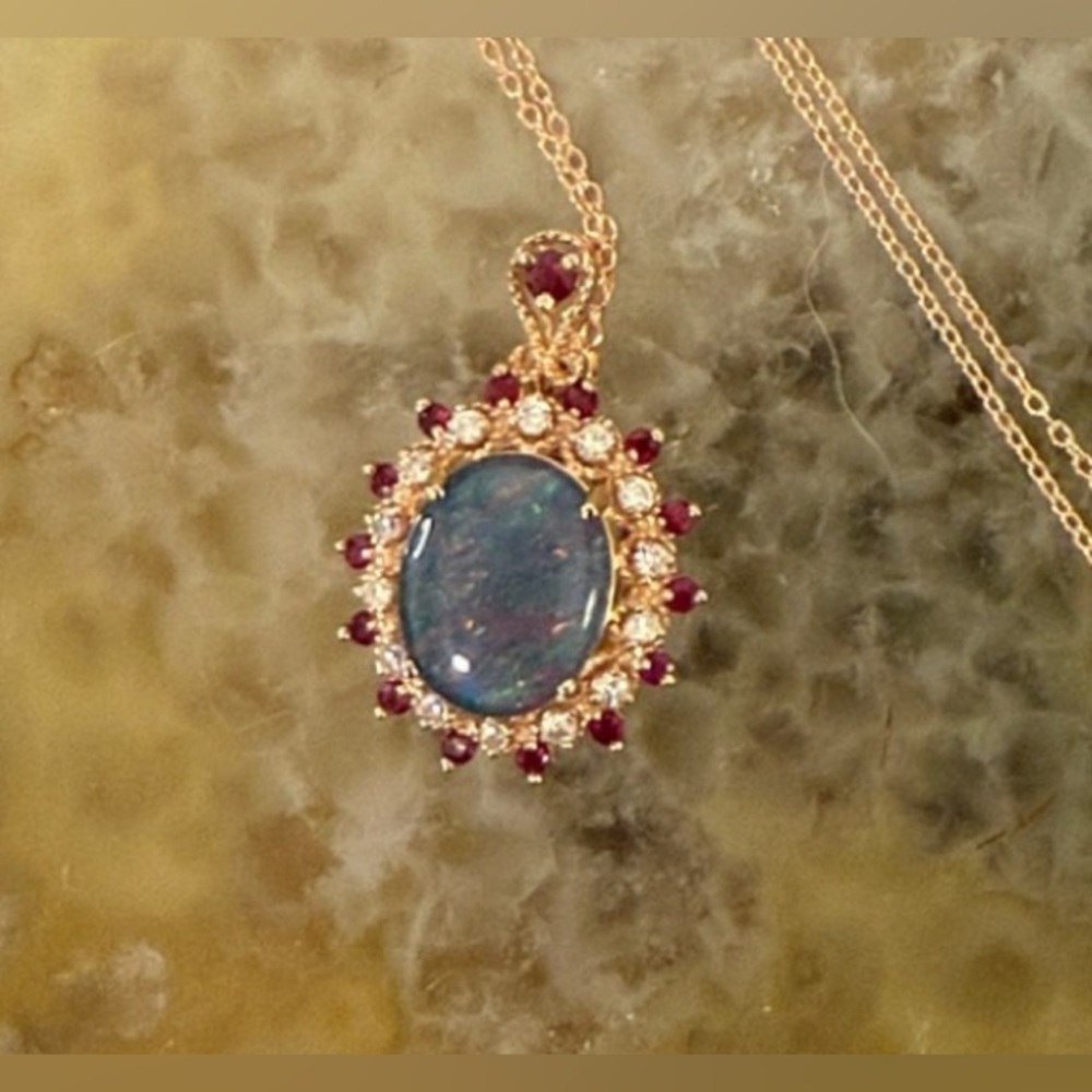 14K Gold Opal Ruby & Diamond Pendant 14k gold chain NEW boutique Gorgeous